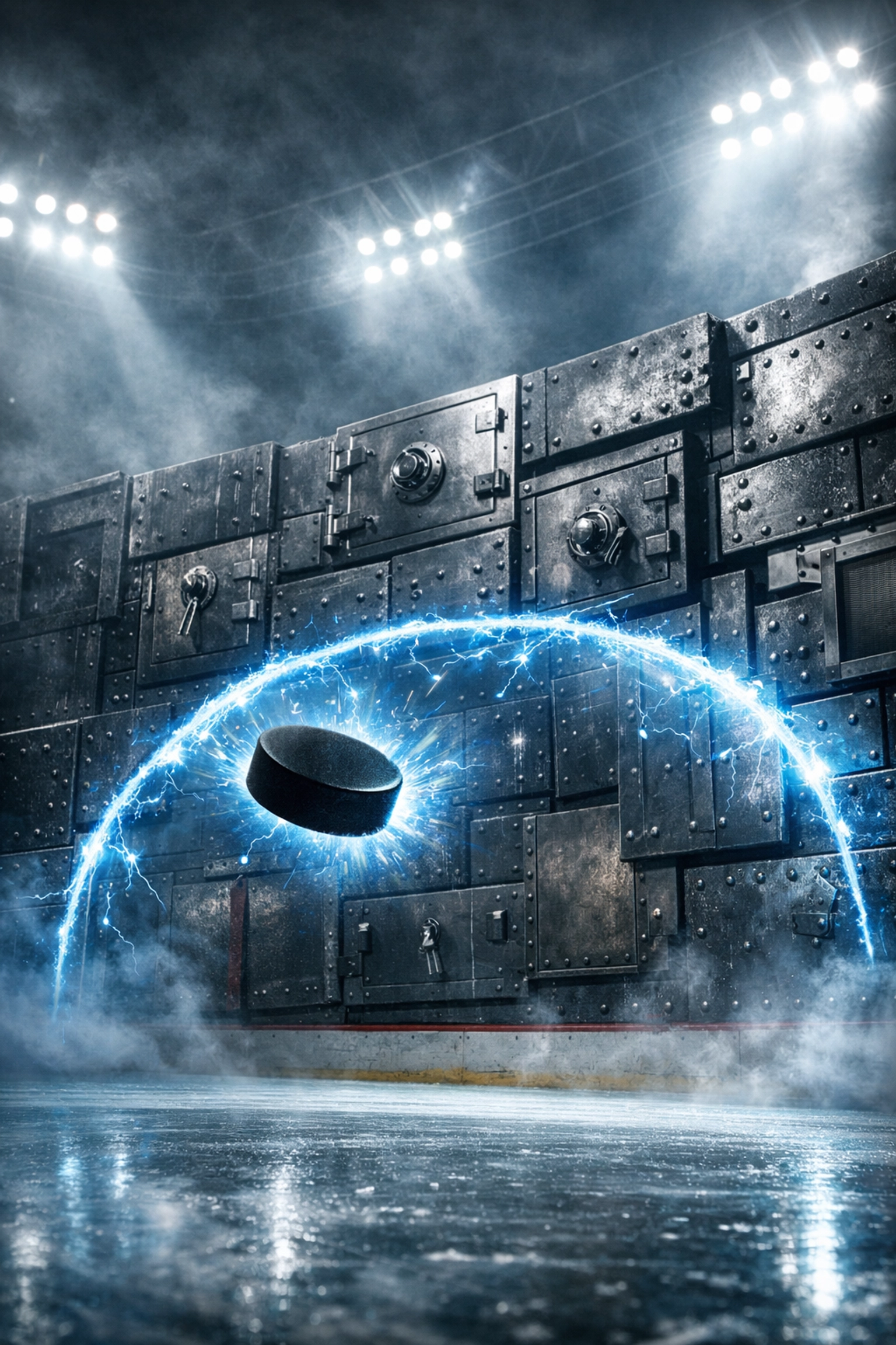 An impenetrable defensive wall on a hockey rink representing the Iron Curtain bot's NHL betting strategy.