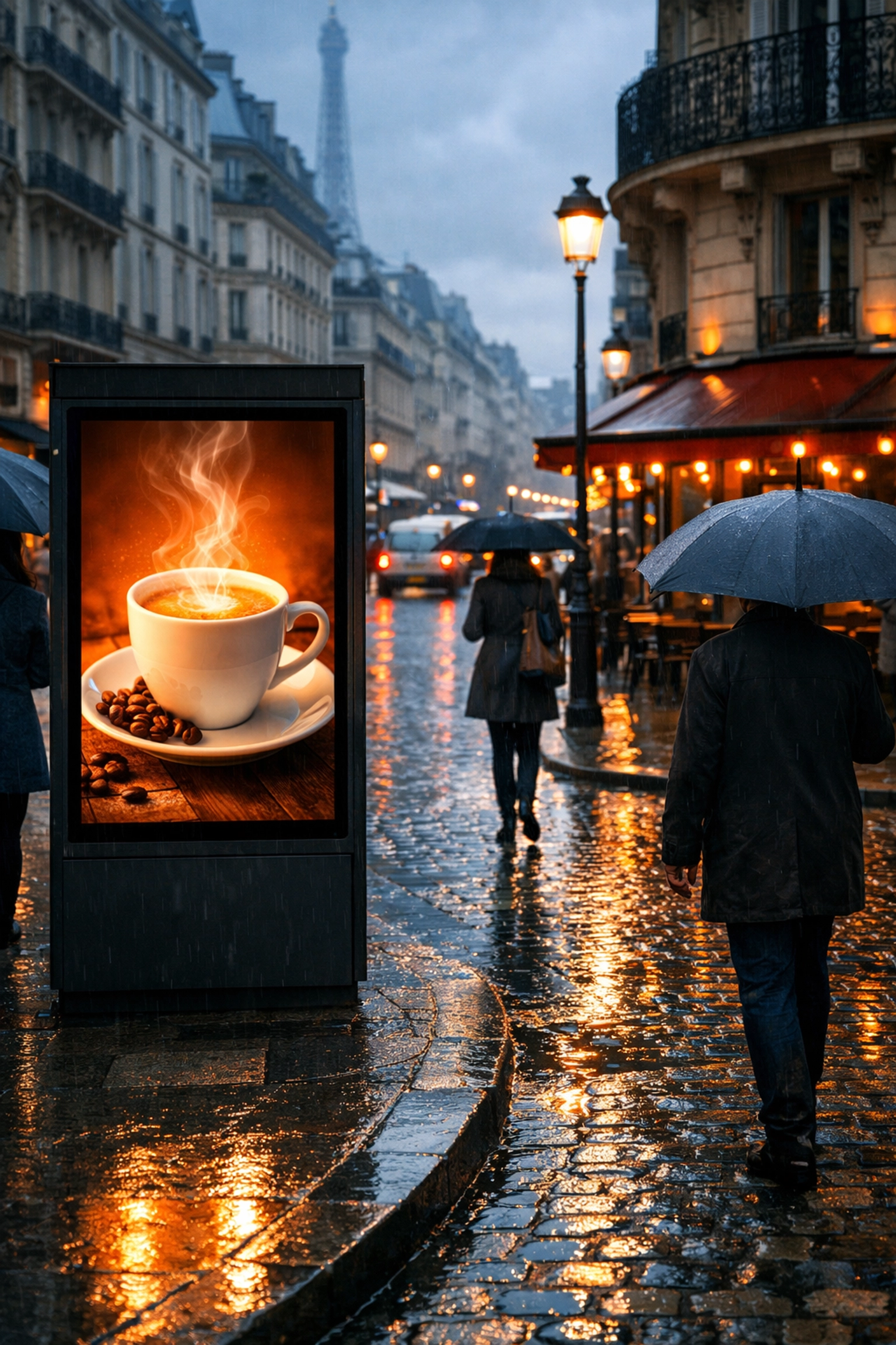 Weather-triggered digital ad for coffee on a rainy Paris street showing dynamic creative optimization.