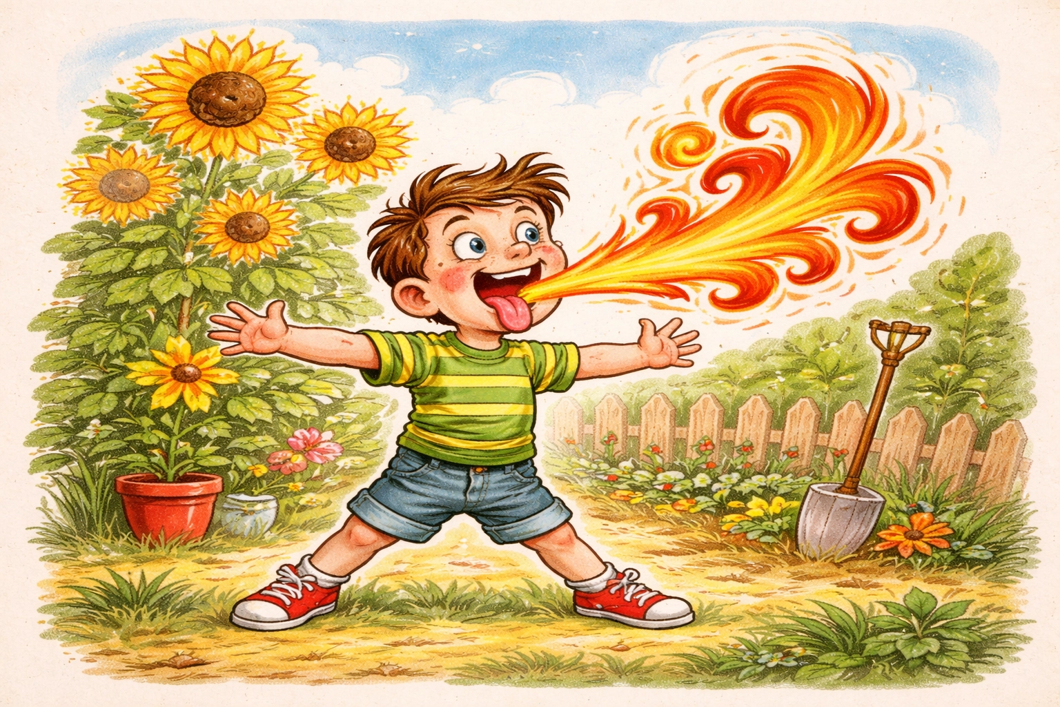 Child pretending to be a dragon in a sunlit garden, showing dragon breathing exercise for mindful play.