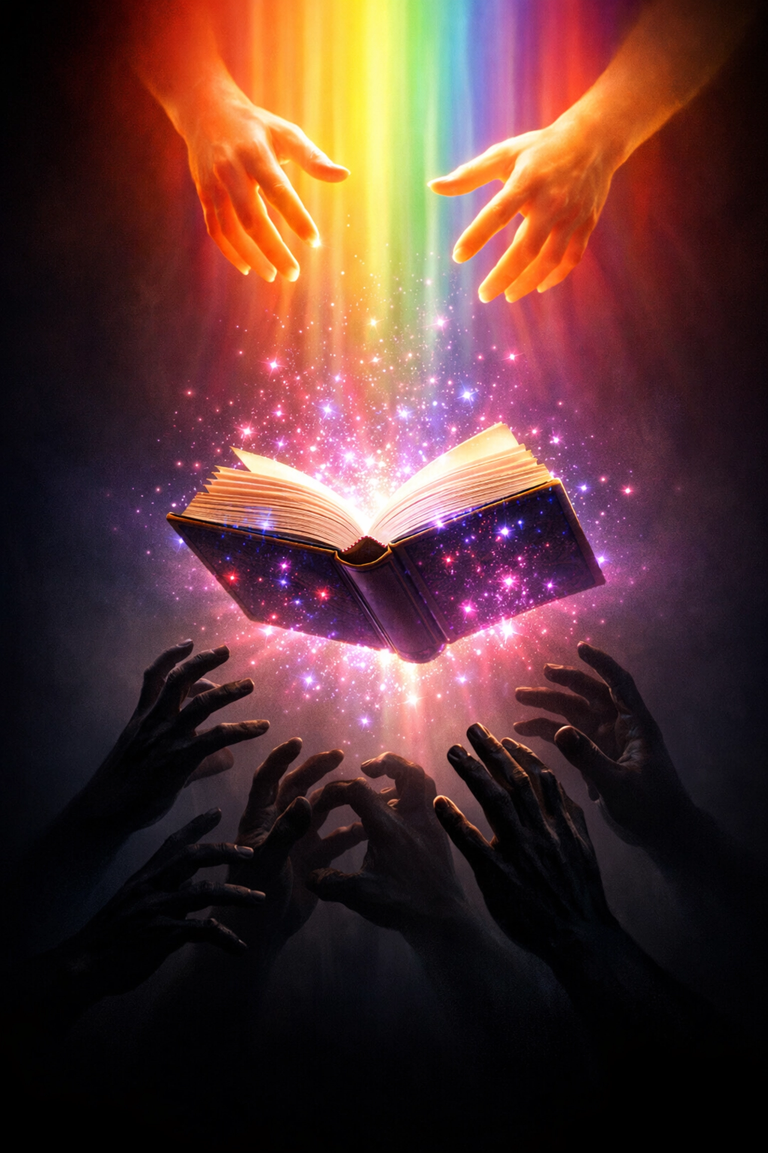LGBTQ+ book rising from darkness into rainbow light, symbolizing freedom from censorship