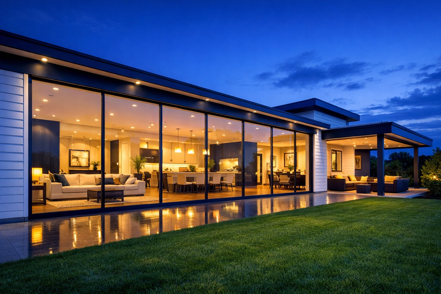Sparkling clean windows on a modern home exterior at dusk boosting curb appeal for potential buyers.