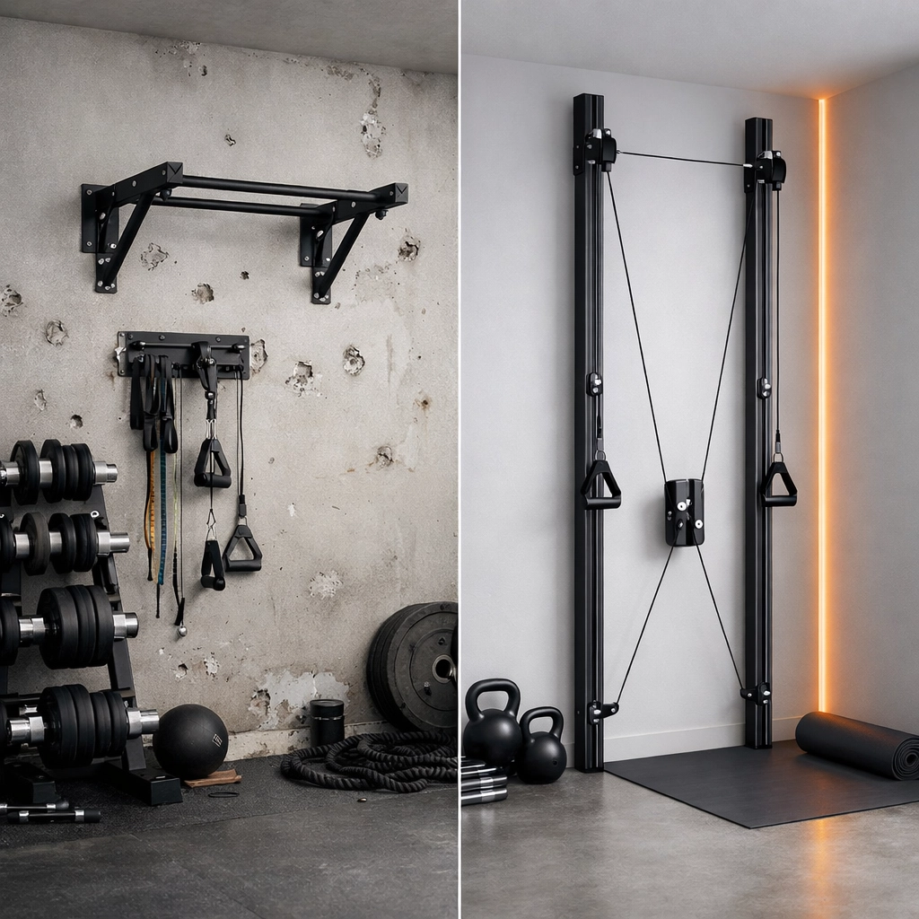 Comparison of wall-mounted home gym equipment with damage versus a no-wall-damage floor to ceiling system