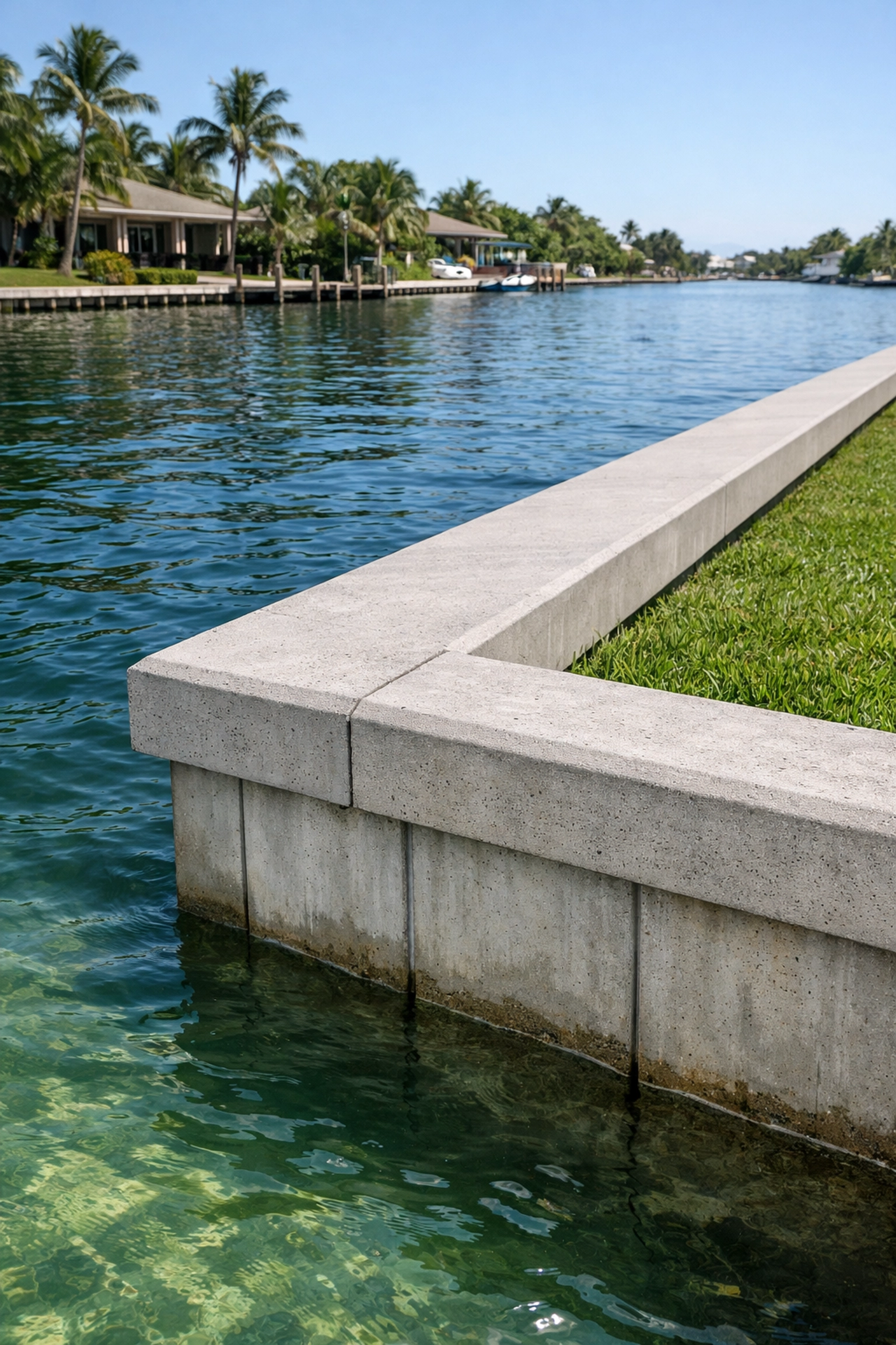 Well-maintained concrete seawall on a Cape Coral canal showing proper structural care.