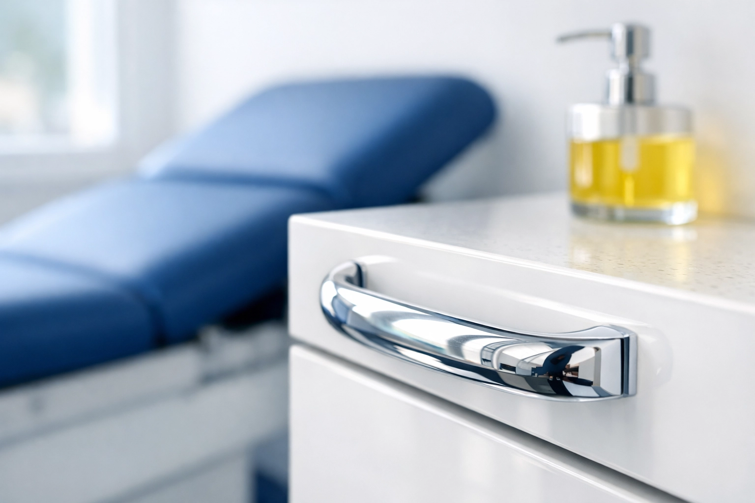 Sanitized chrome handle in a clean Fitchburg medical exam room highlighting high-touch surface disinfection.
