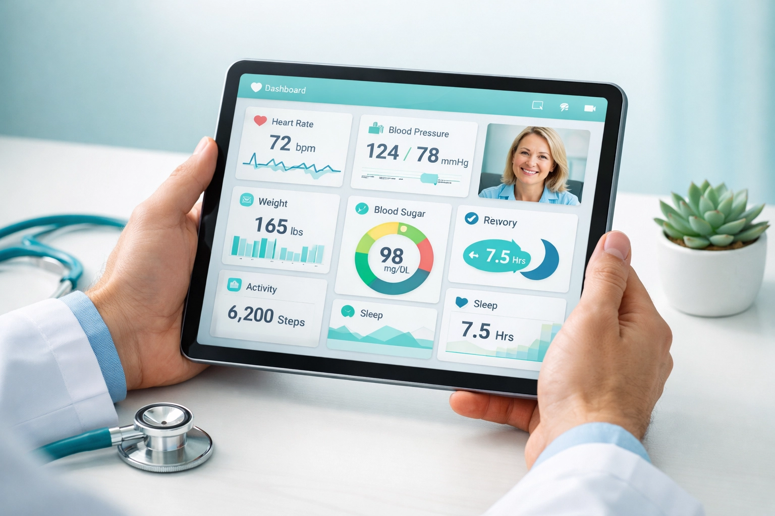 Licensed provider using a tablet for a telehealth consultation to monitor weight loss progress and side effects.