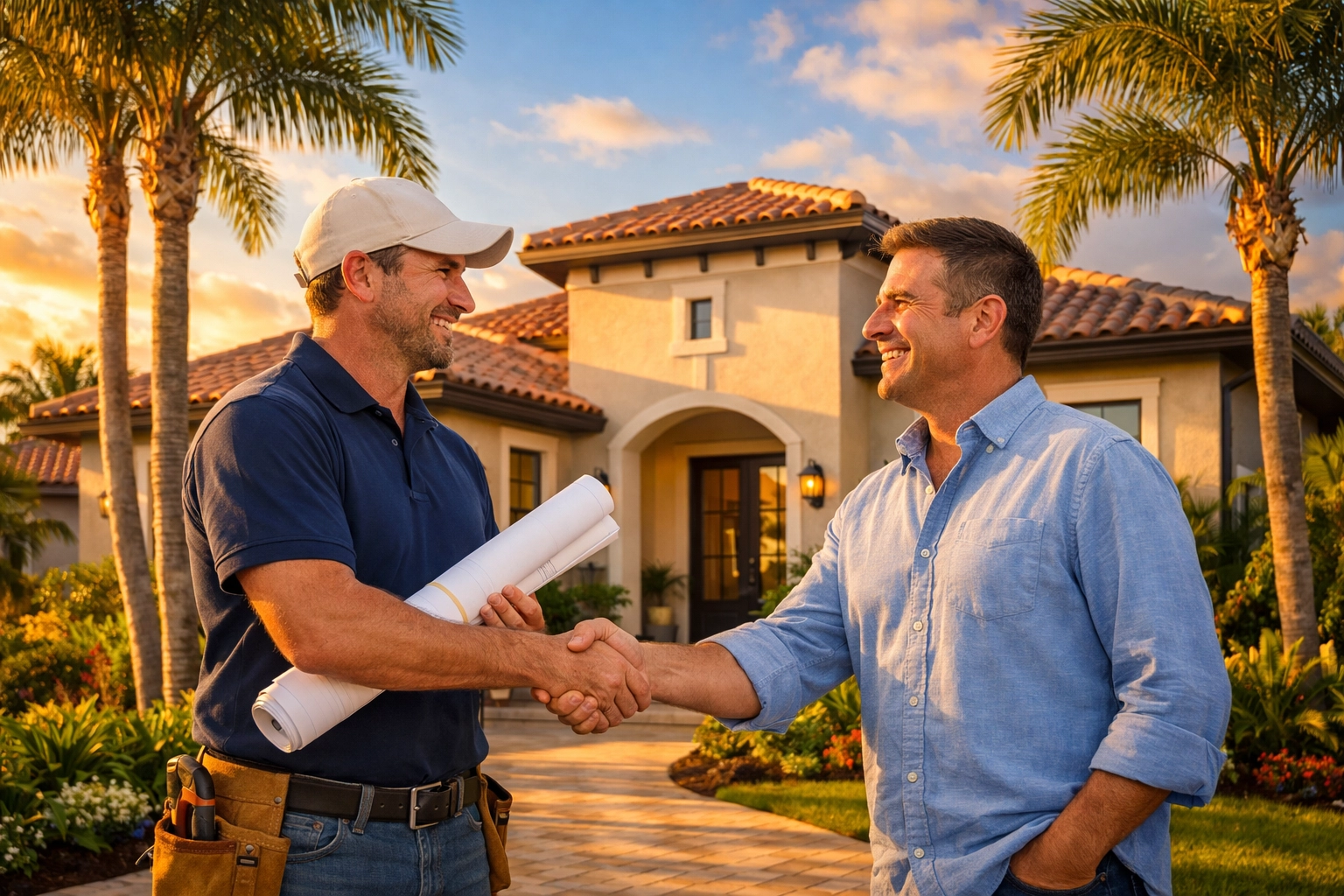Homeowner and general contractor shaking hands after successful Orlando home renovation