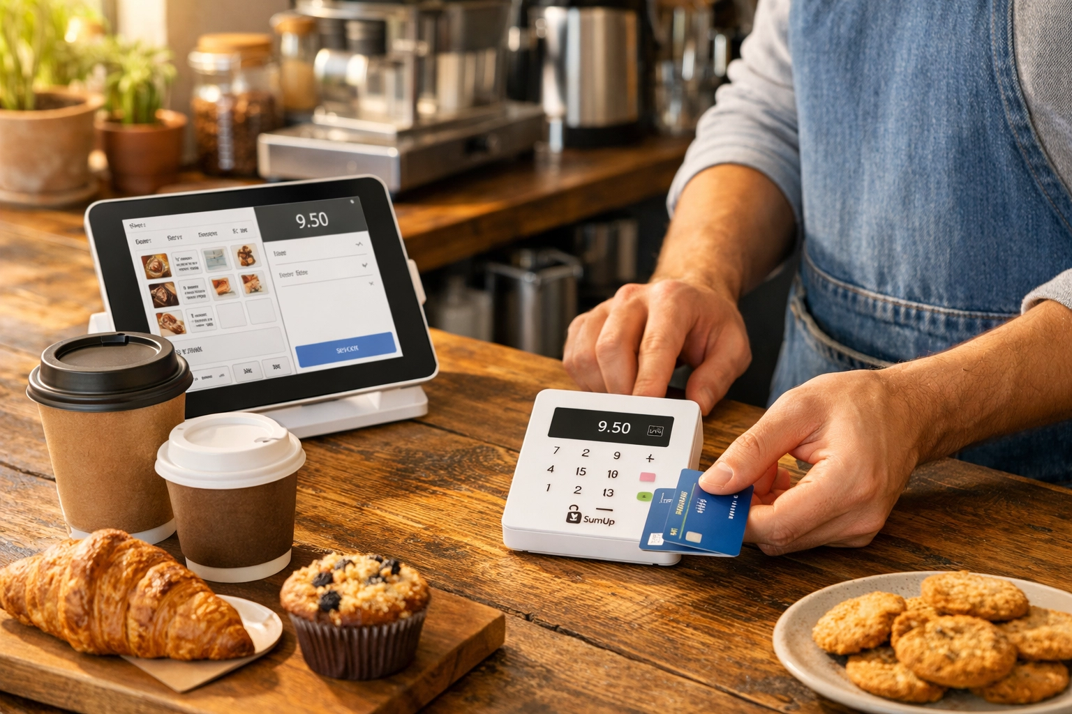 SumUp card reader and POS system on independent café counter