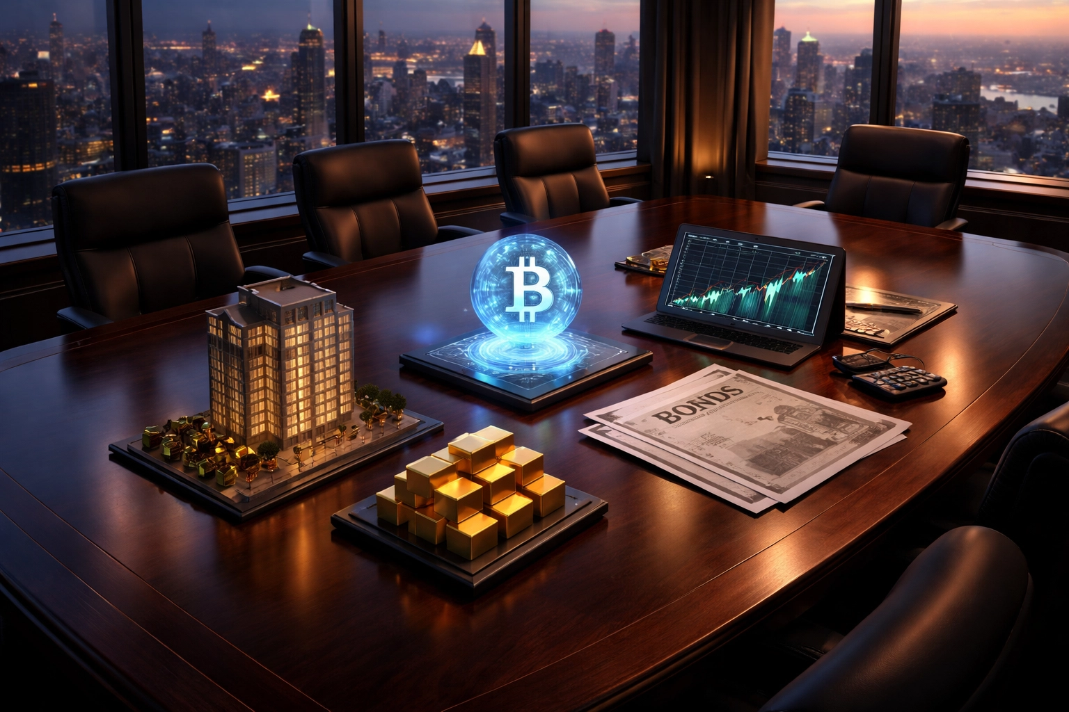 Boardroom table with models of real estate, gold, Bitcoin, and stocks demonstrates asset allocation for accredited investors.