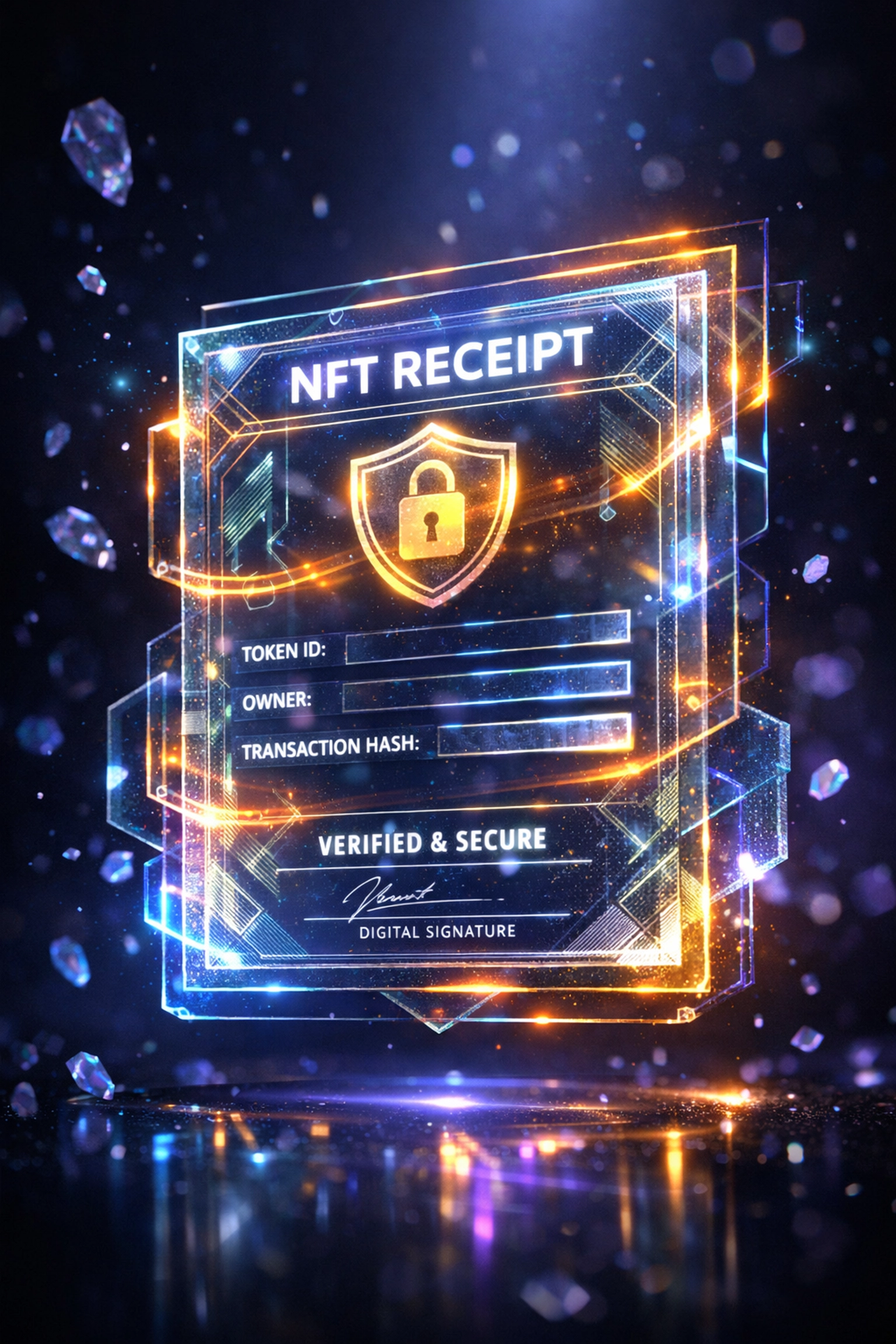 A secure digital NFT receipt acting as a verifiable certificate of authenticity for Web3 merchant payments.