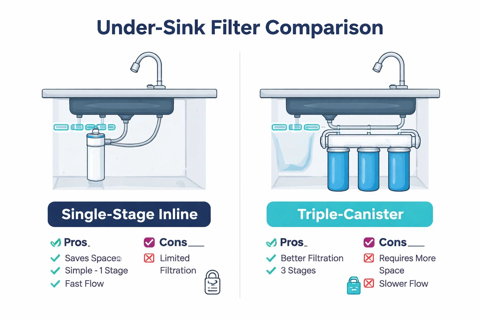 Side-by-side schematic comparing a compact single-stage under-sink filter vs a triple-canister system, with space and filtration-stage callouts.