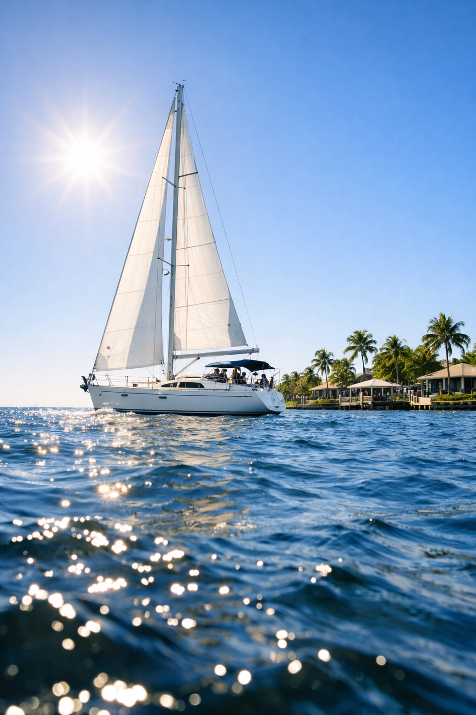 Large sailboat on the Caloosahatchee River near Southeast Cape Coral waterfront homes.