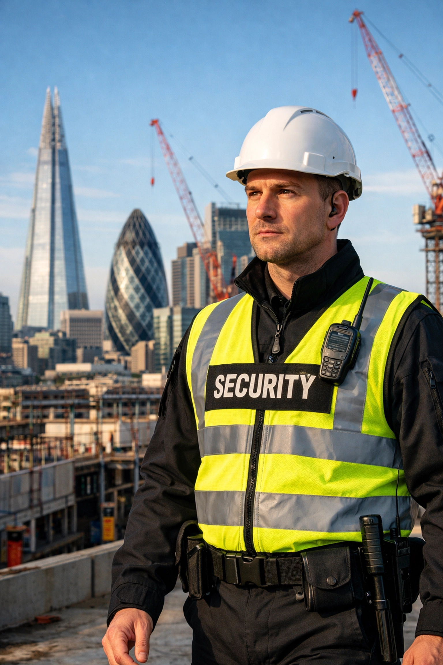 SIA licensed security guard patrolling a London construction site with the city skyline background.