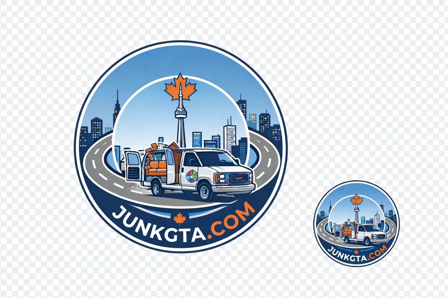 A branded cargo van filled with junk items, parked against a stylized Toronto skyline.