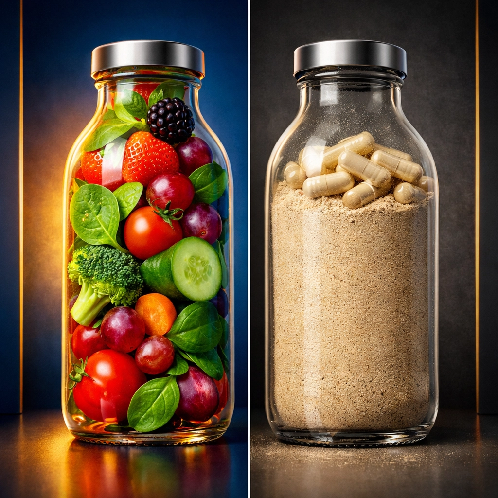 Whole food supplements versus processed powder capsules showing nutrient degradation from processing