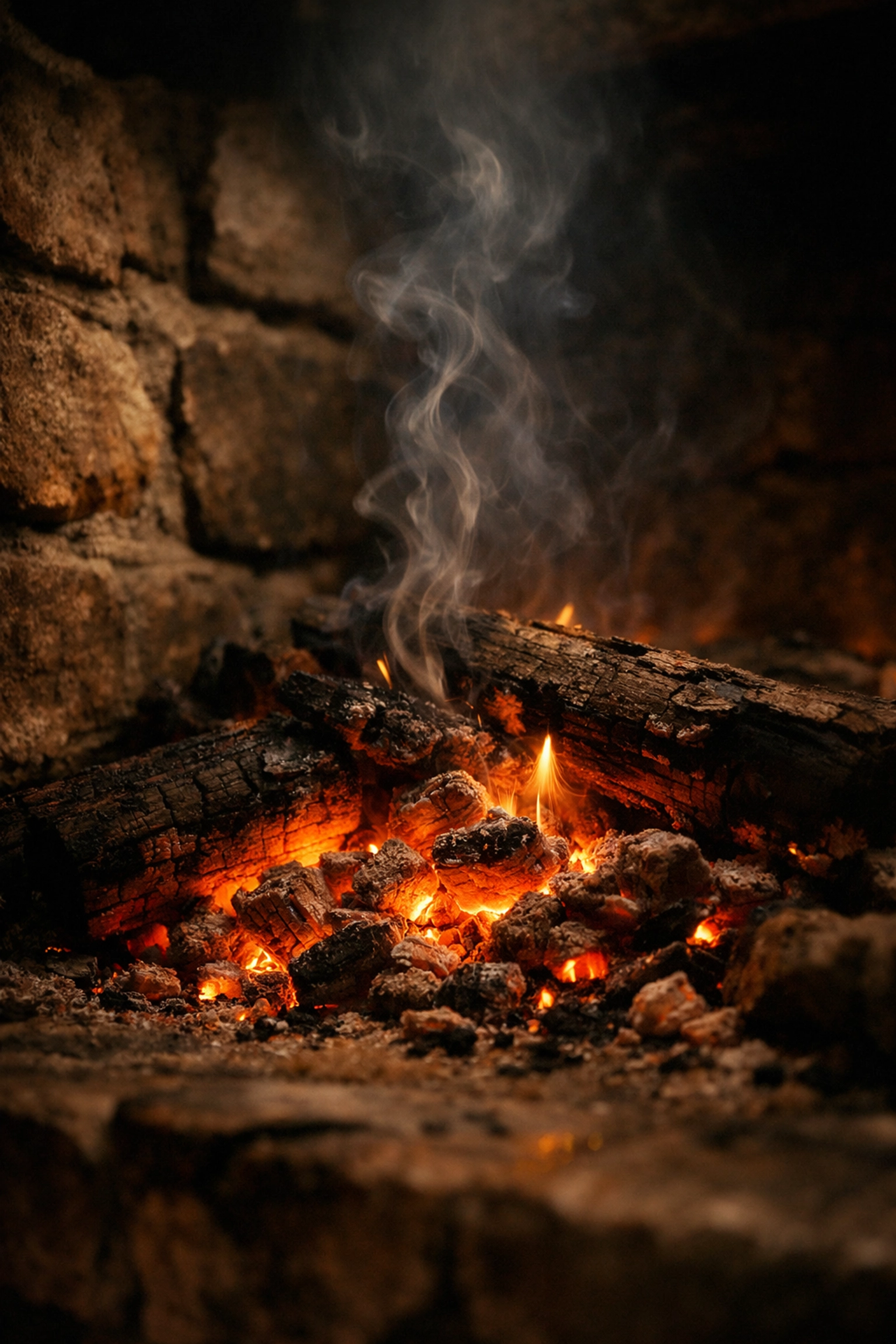 Glowing embers in stone fireplace inspiring Gentle Ember's warm smoky scent