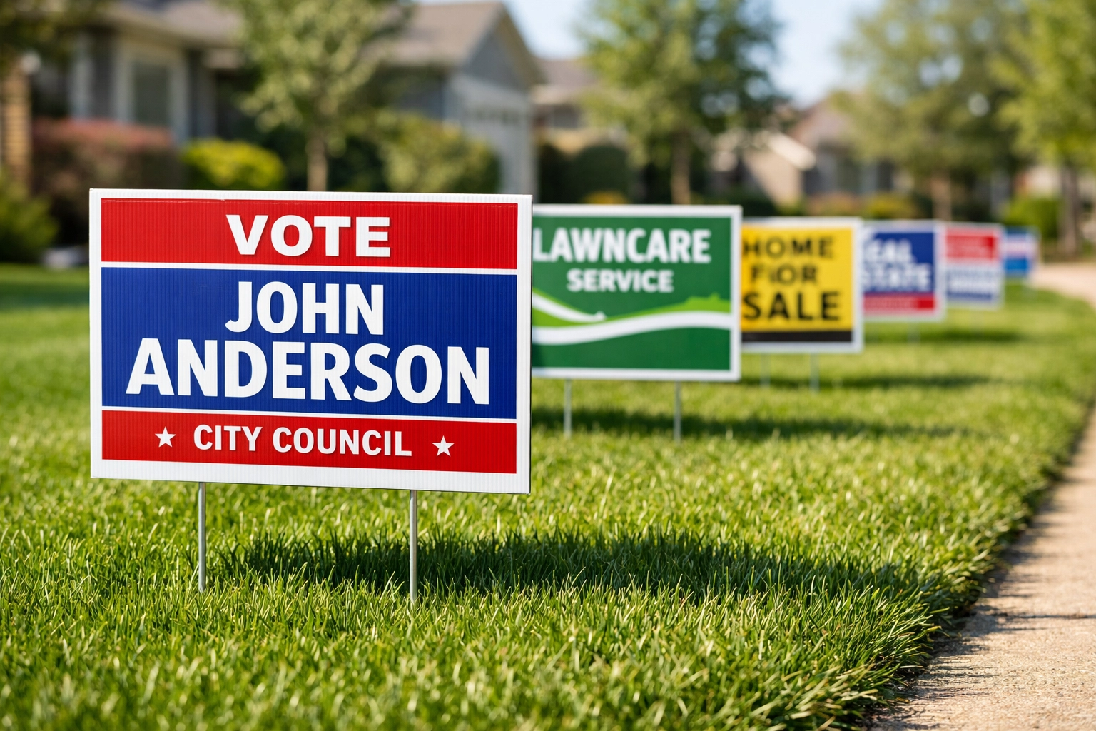 Professional corrugated plastic yard signs on a suburban lawn for local Dallas marketing campaigns.