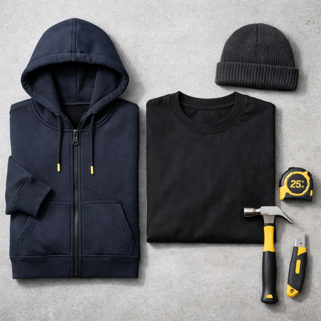 Rugged custom gear kit featuring work hoodies, t-shirts, and beanies for trade professionals.