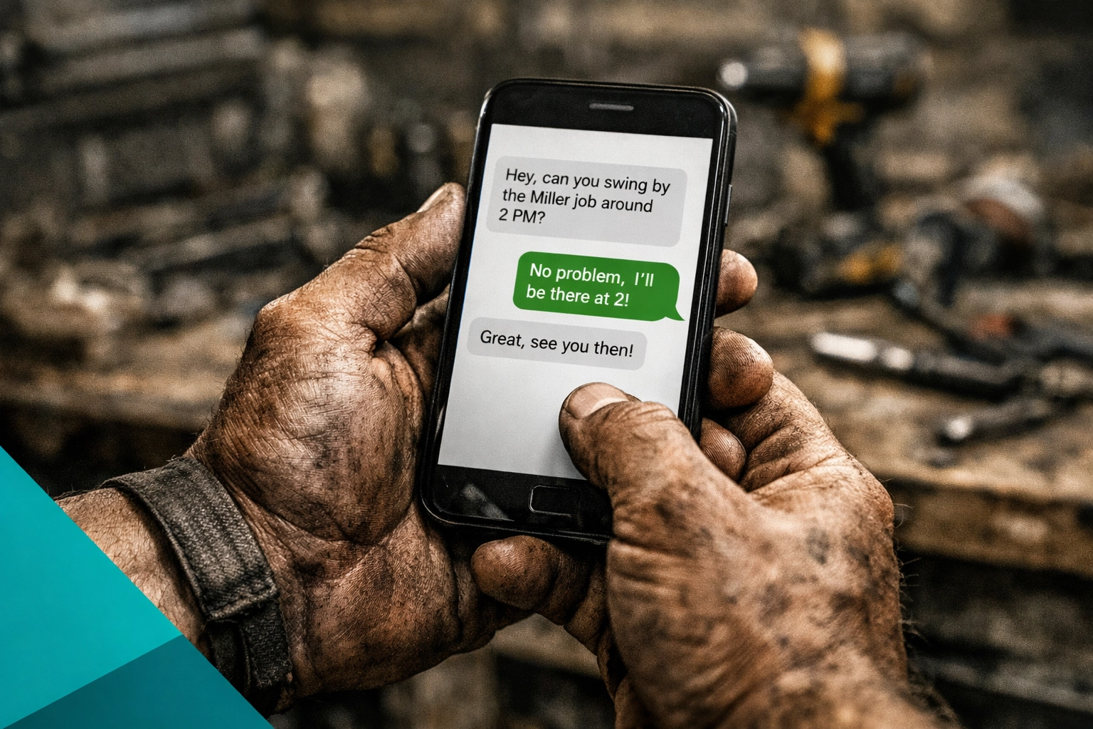 Contractor using smartphone for automated CRM text messaging with customers