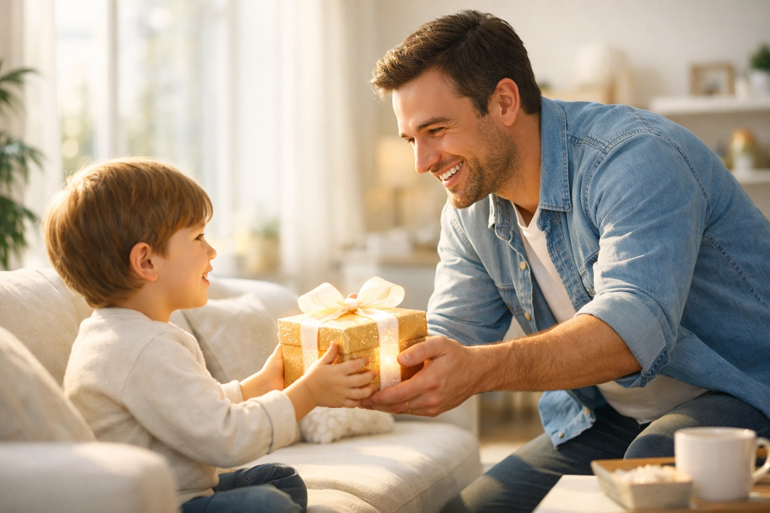 A father giving a glowing gift to his child, illustrating God’s grace as a free, unmerited gift.