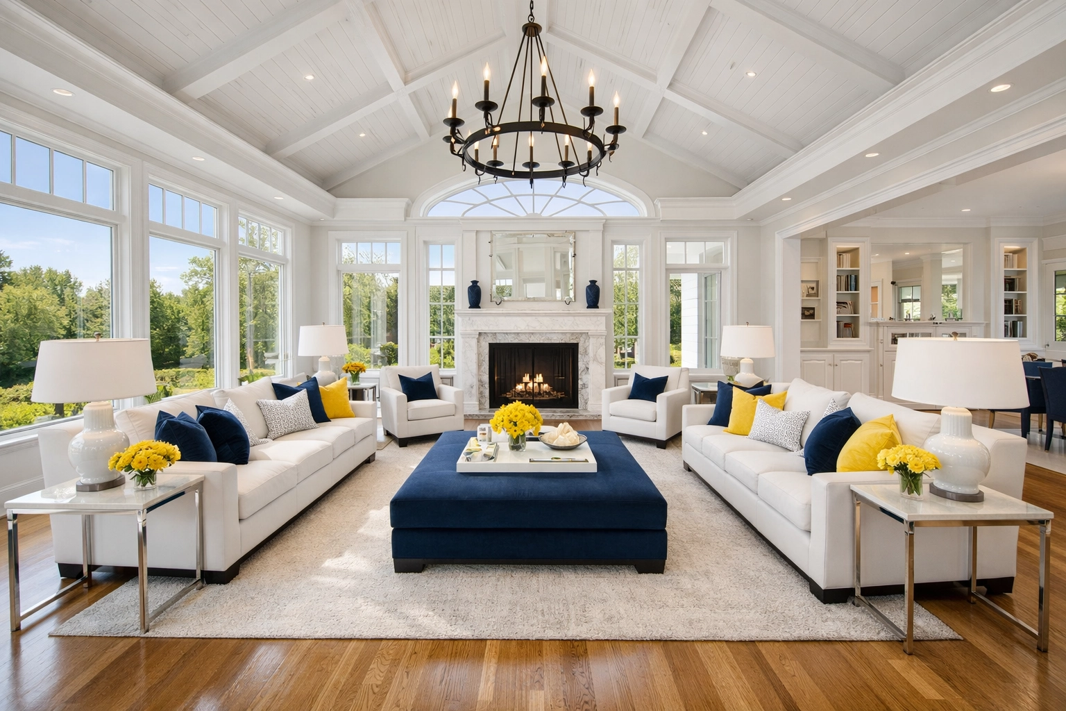 Pristine luxury living room in a Dover estate after professional residential cleaning Massachusetts service.