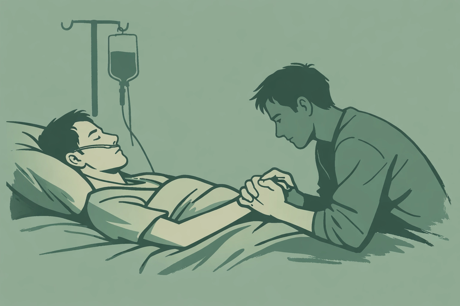 Military caregiver holding recovering soldier's hand at bedside showing emotional healing