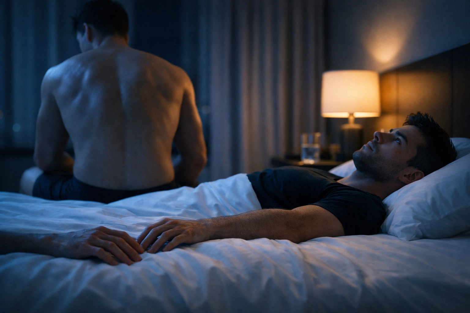Two men sharing a hotel bed, capturing the high-tension 'only one bed' trope popular in gay romance novels.