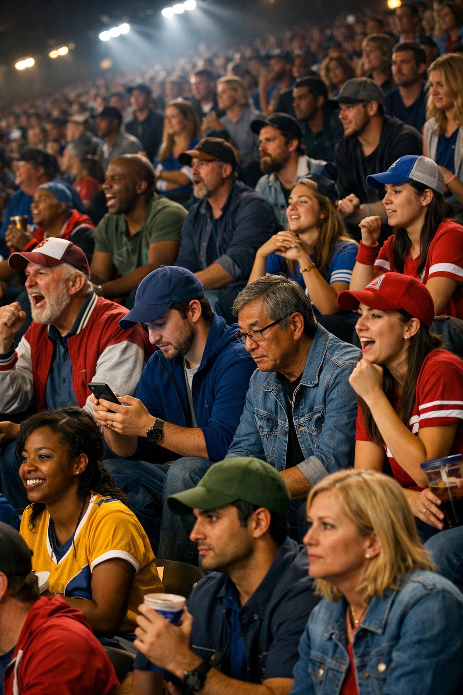 Diverse sports fans at stadium showing different audience segments and engagement levels