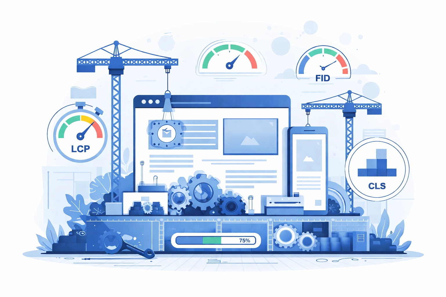 Technical SEO foundation showing Core Web Vitals, page speed, and mobile optimization elements