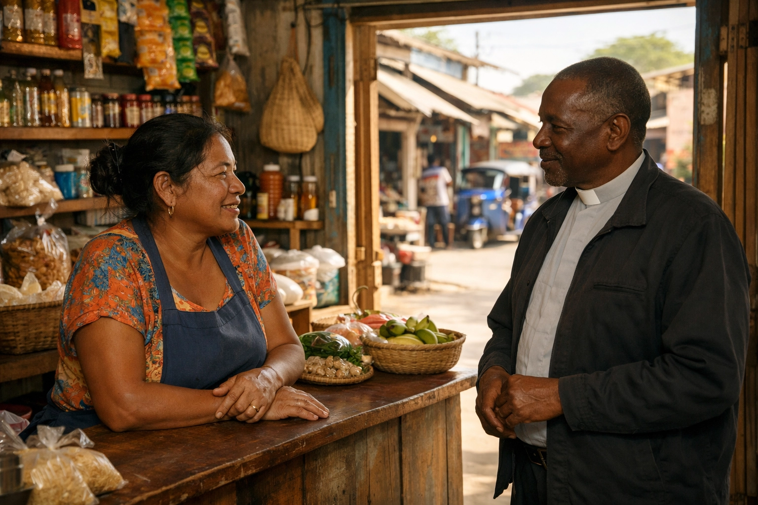 Local business owner and pastor discussing community growth through faith-based development models.