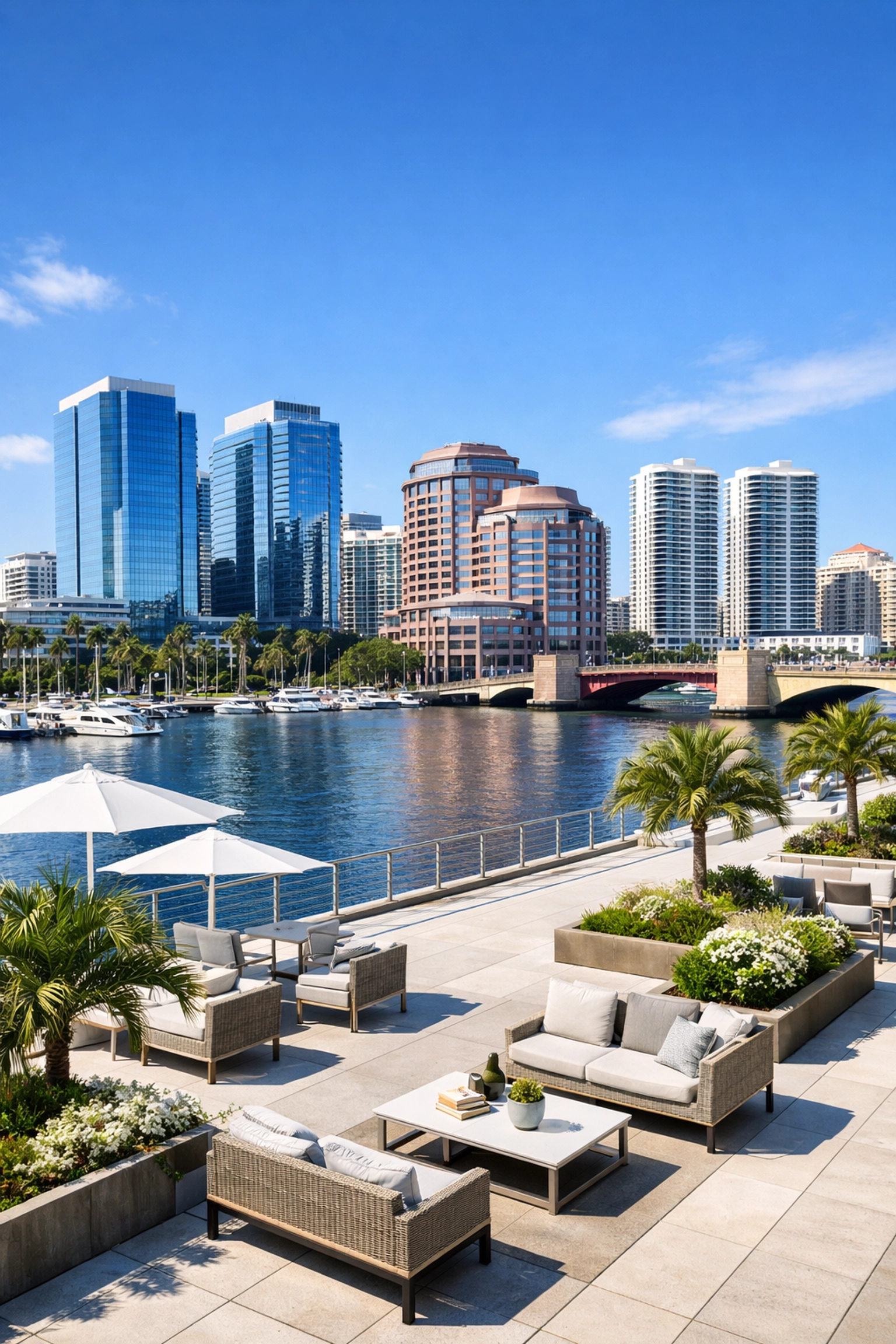 Modern West Palm Beach skyline featuring luxury waterfront condominiums and office towers.