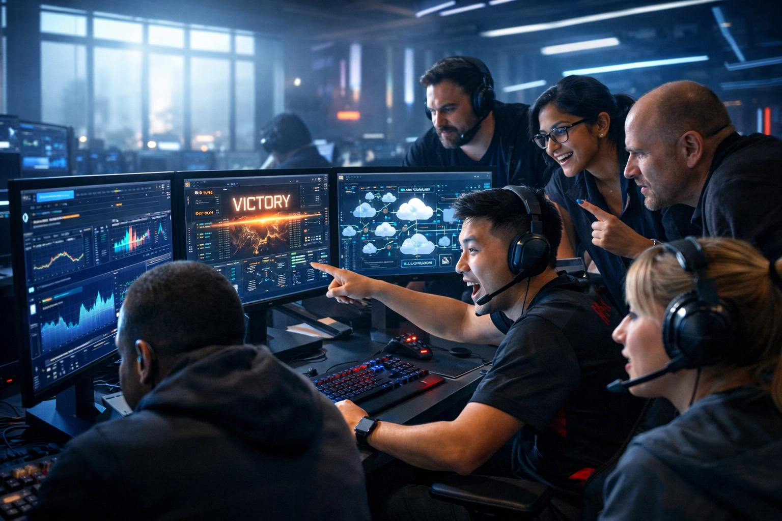 Professionals at an esports command center developing cloud and AI literacy for the tech workforce.