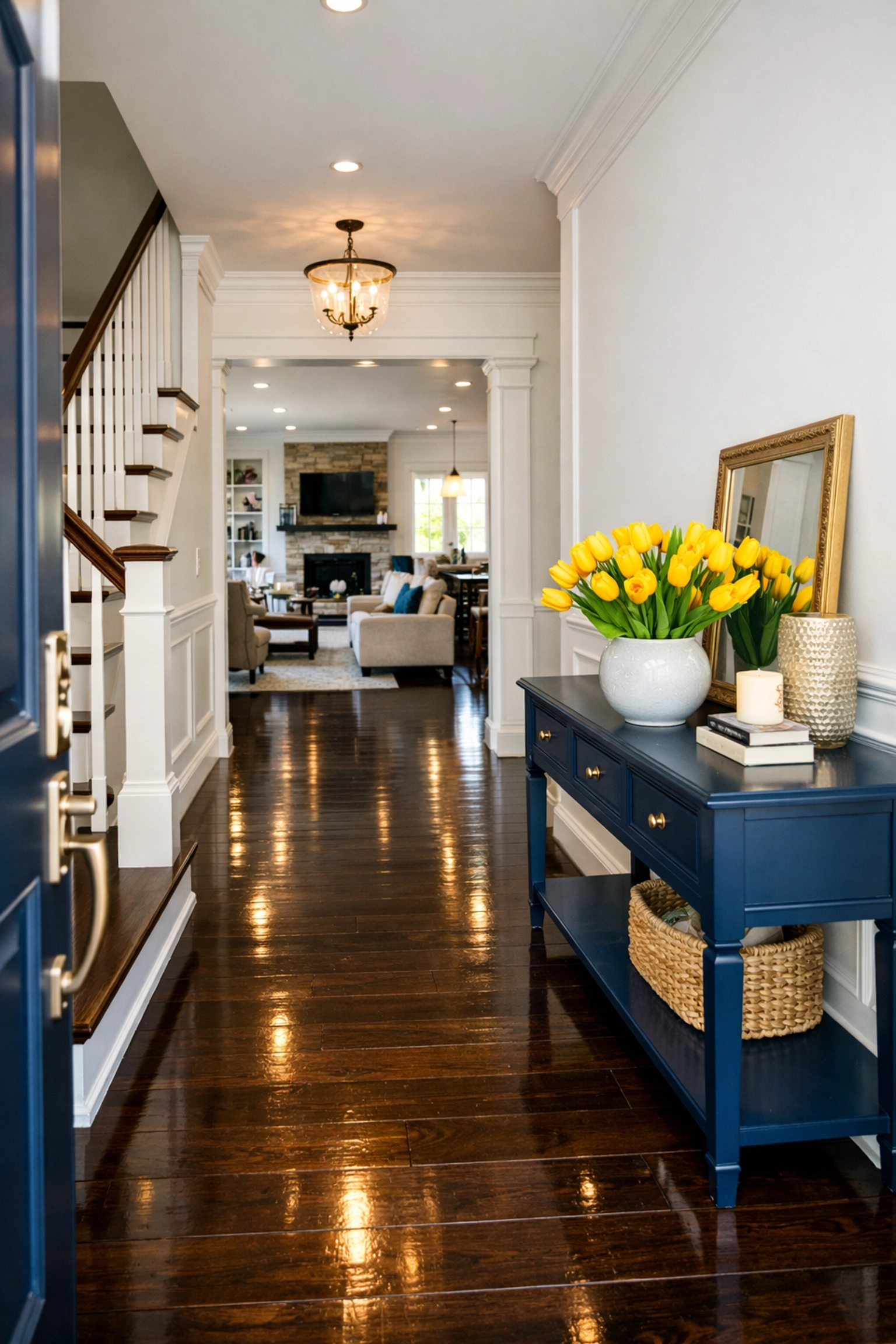 Pristine entryway of a Shrewsbury home with polished hardwood floors, a high-traffic house cleaning priority.