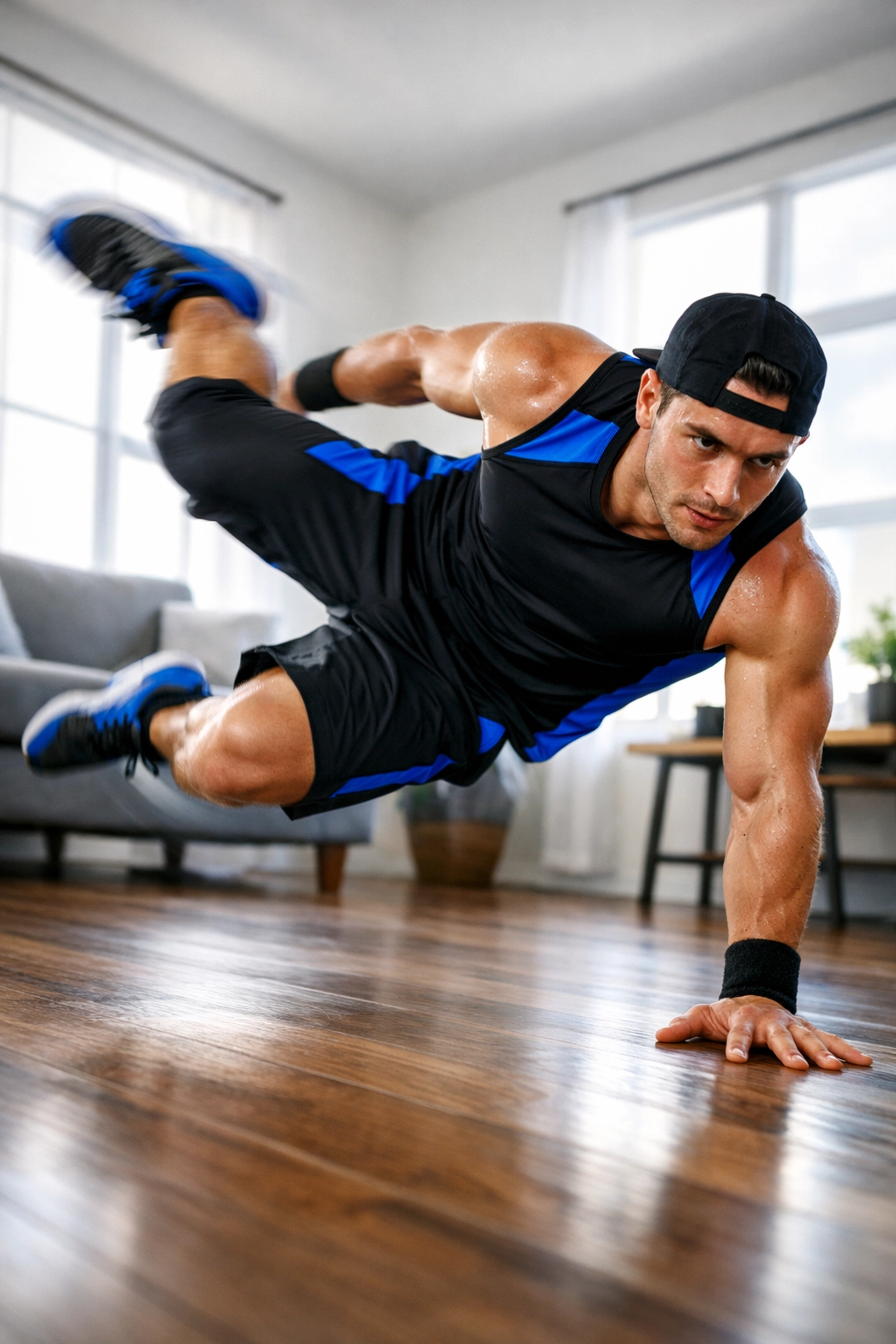 Athlete performing explosive bodyweight exercise during full body workout at home
