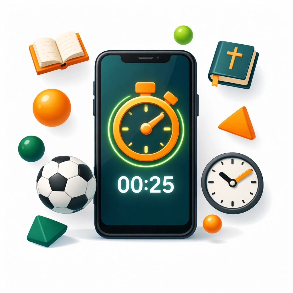 Smartphone with timer showing balanced screen time and activities