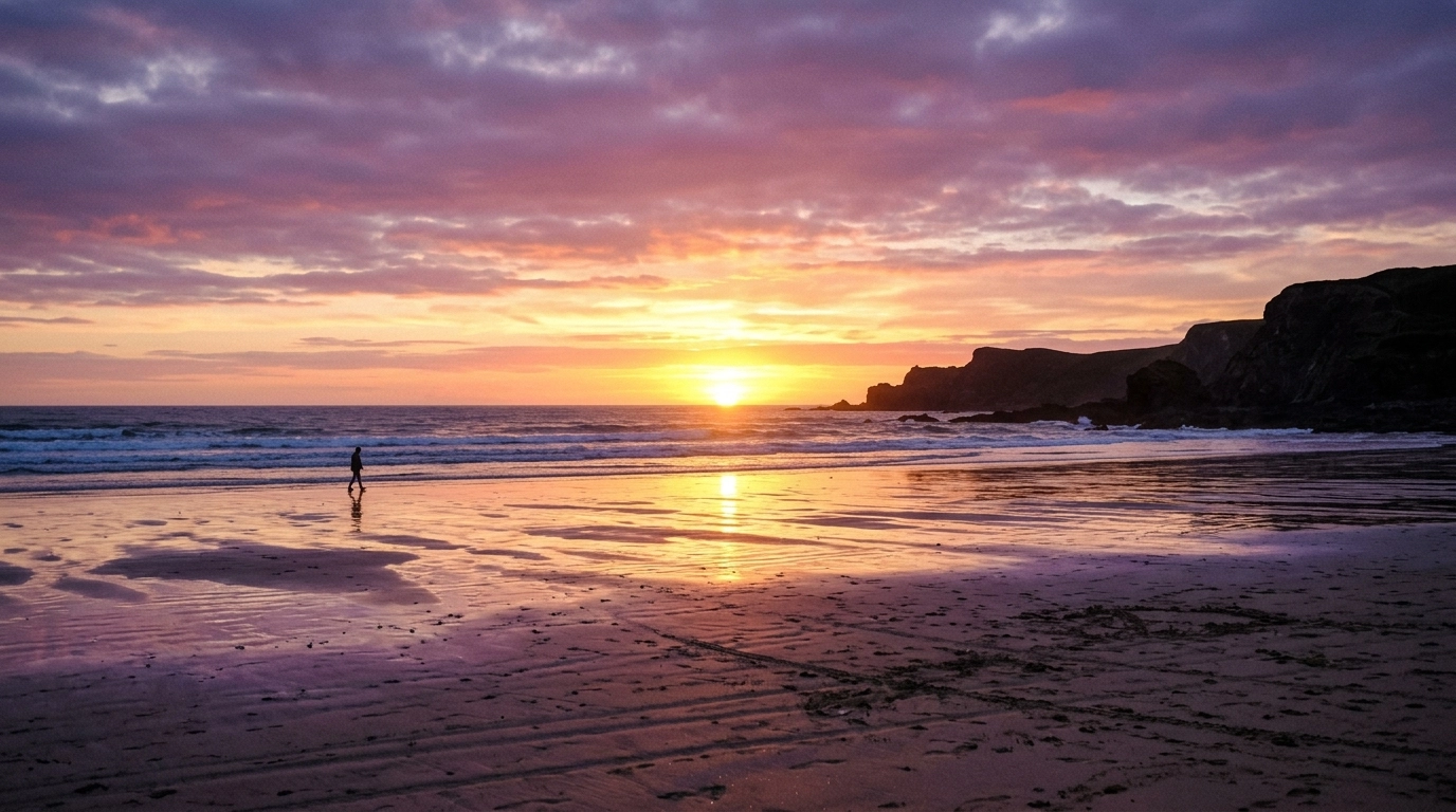 A serene sunset at Widemouth Bay with golden light across the waves
