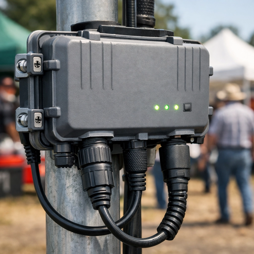Weatherproof WiFi equipment installed at agricultural show for reliable outdoor event connectivity