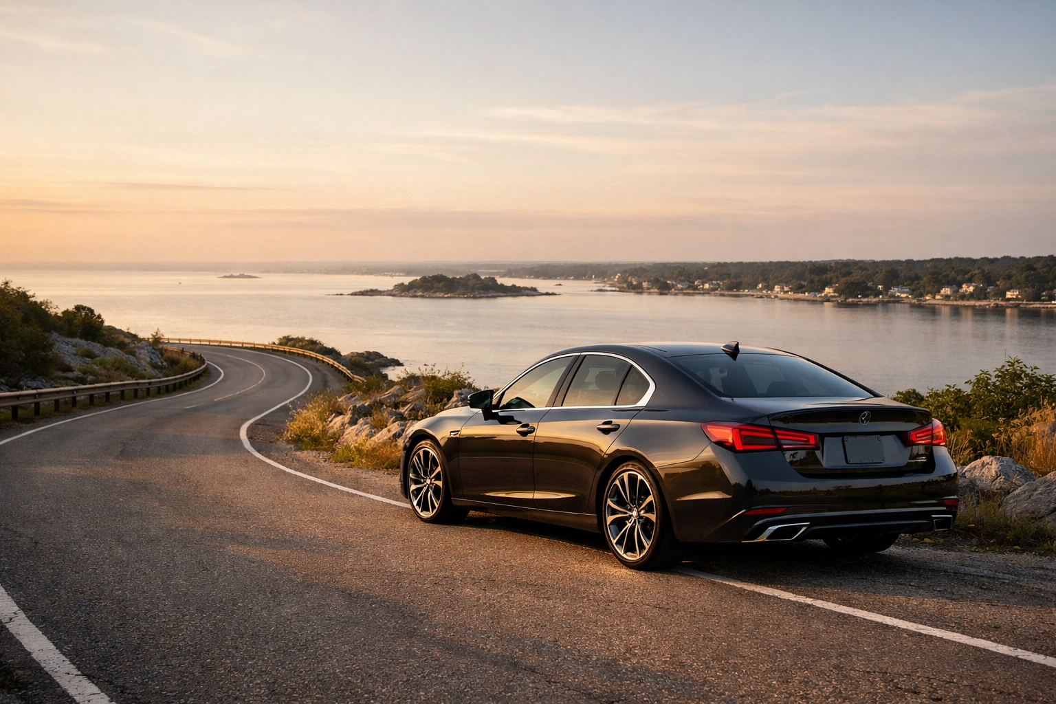 Luxury car on a Connecticut shoreline road, highlighting assets protected by excess liability insurance.