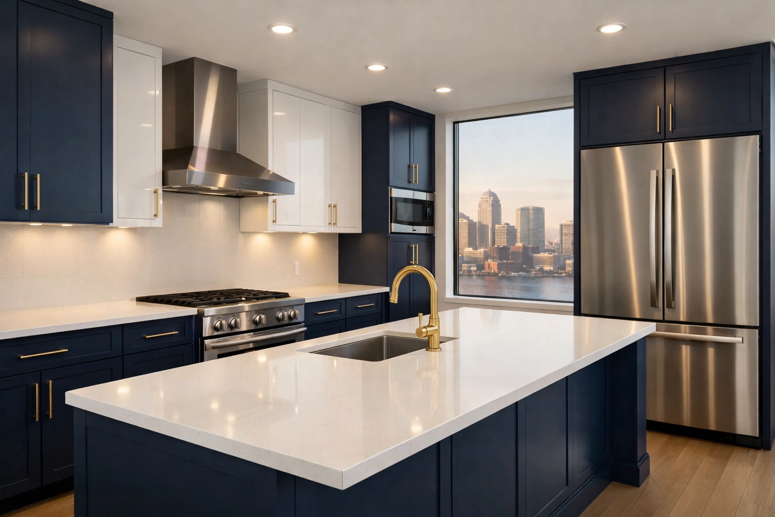 Sanitized high-end kitchen with a city view, ready after a move-in cleaning in Boston.