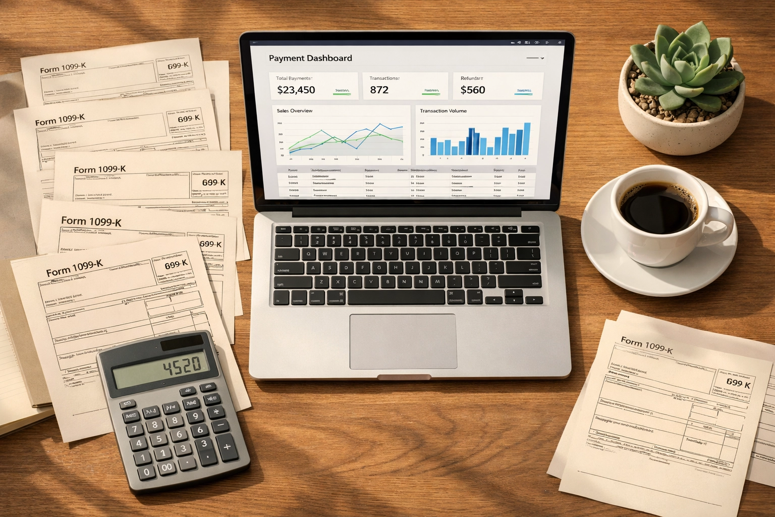 Small business owner organizing 1099-K tax forms and payment processor statements on desk