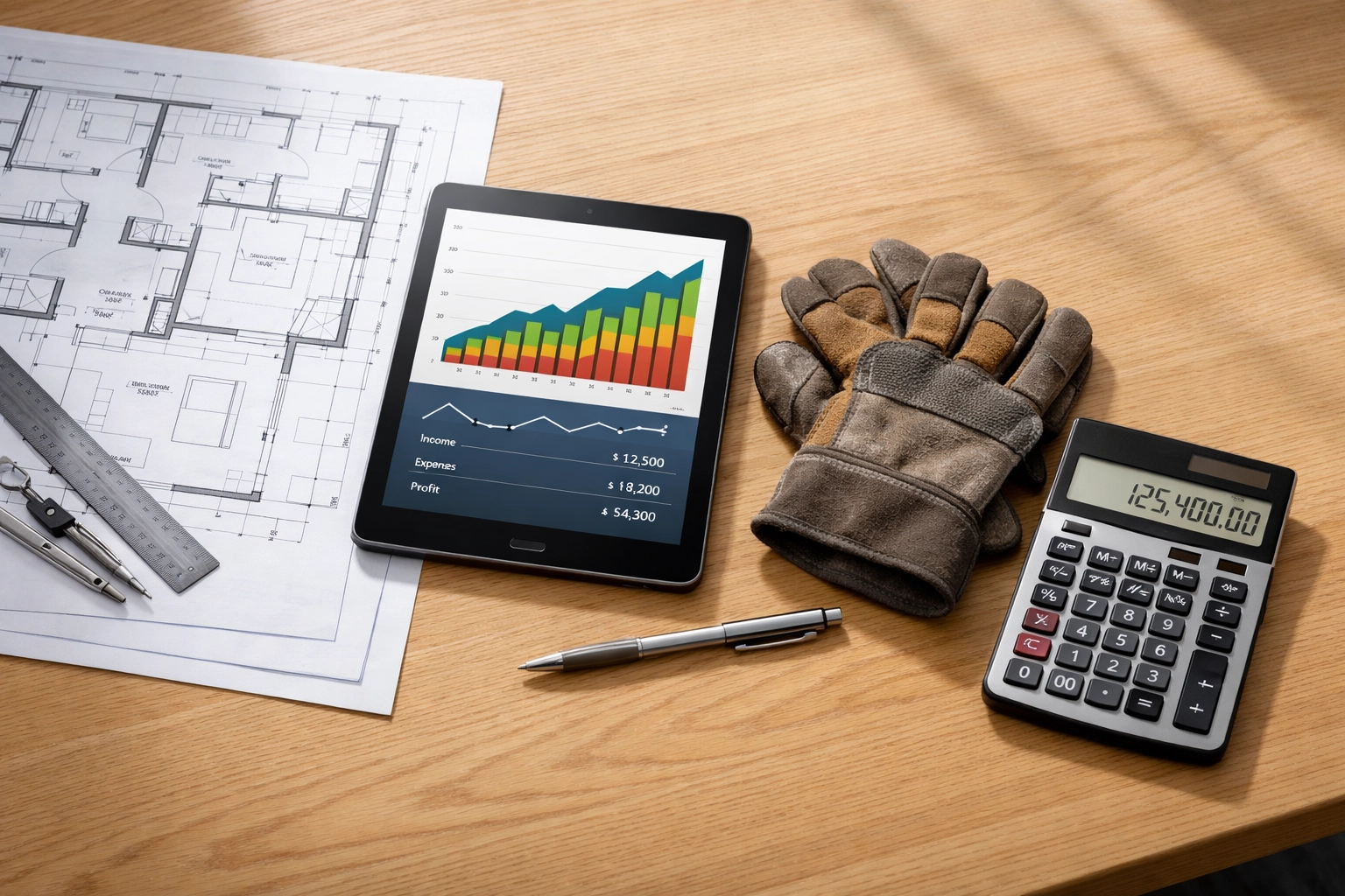 Blueprints and a tablet displaying financial charts for job costing bookkeeping on a professional workspace.