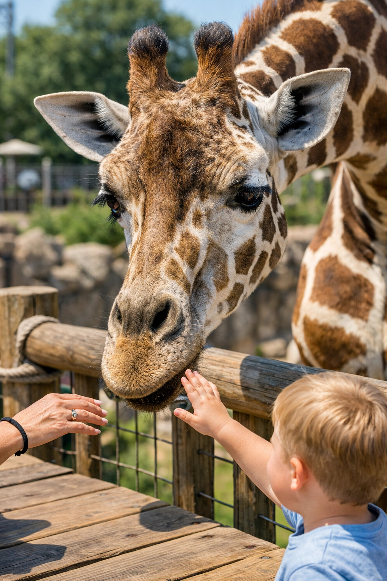 Detailed photo of a giraffe interacting at a zoo event, perfect for event brochures and tickets.