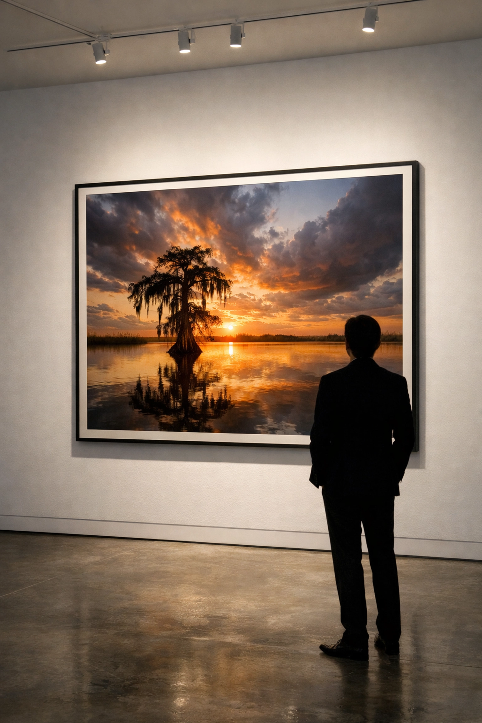 Fine art photography gallery exhibit featuring a sunset landscape of the Florida Everglades.