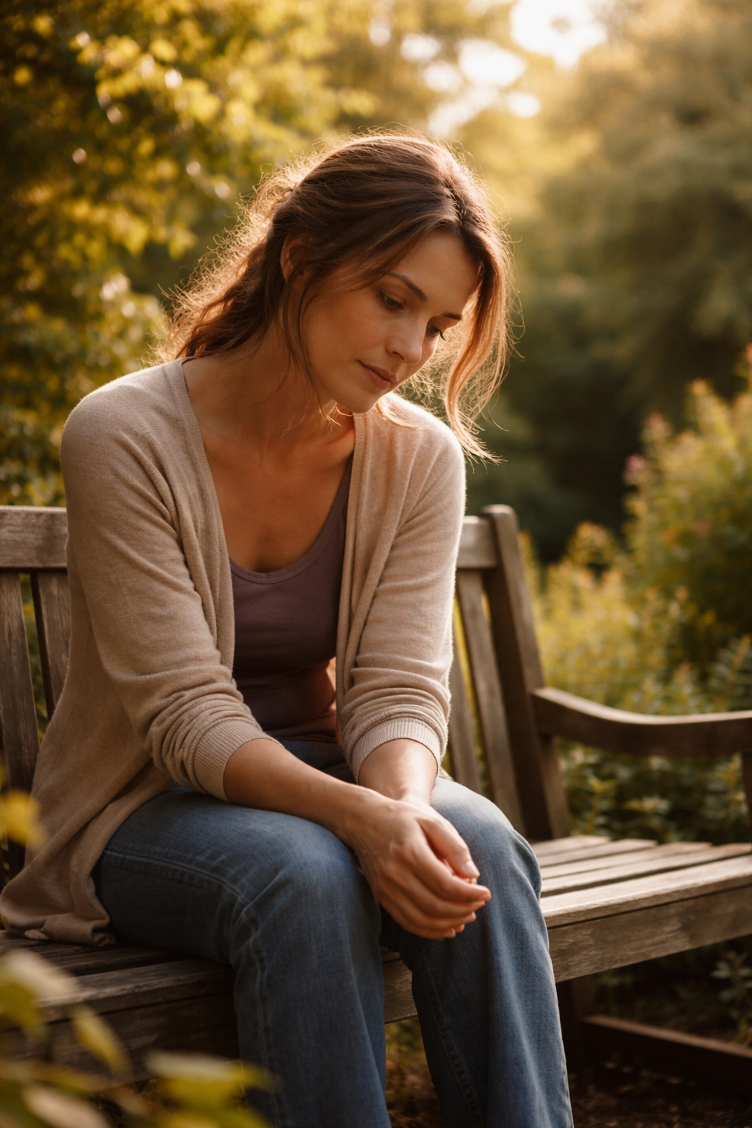 Thoughtful woman sits alone on a garden bench at sunset, reflecting the exhaustion of prioritizing others over her own well-being and mindfulness.