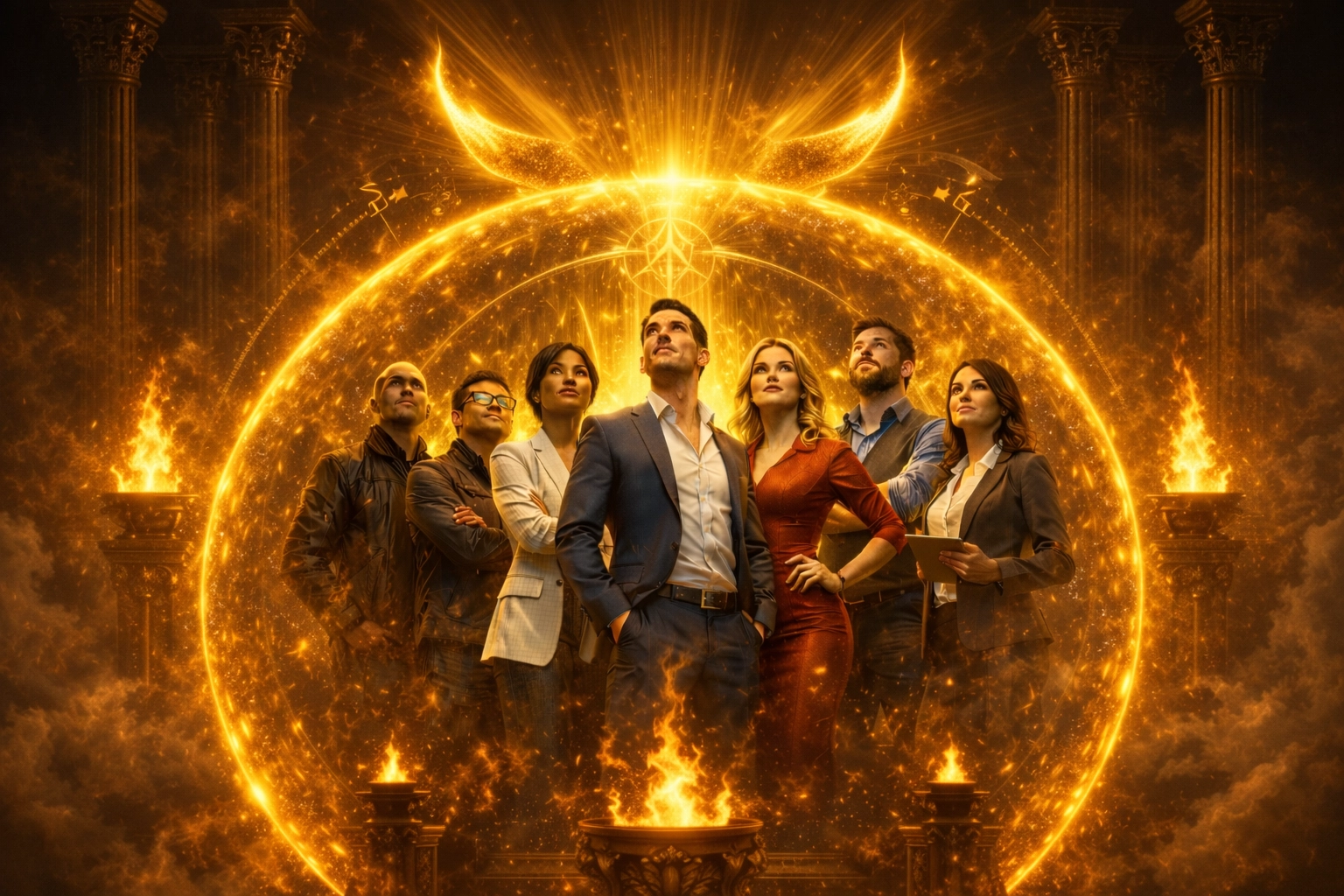 Entrepreneurs protected by a golden sphere representing asset protection strategies.