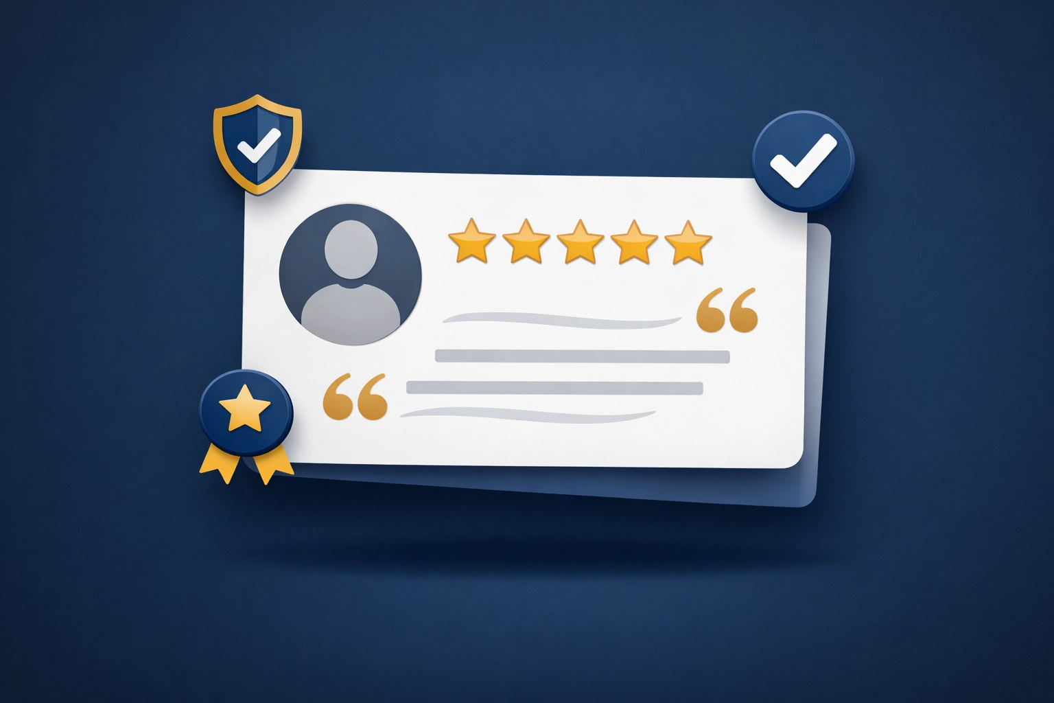 Customer testimonial card with star rating and trust badges for landing page credibility