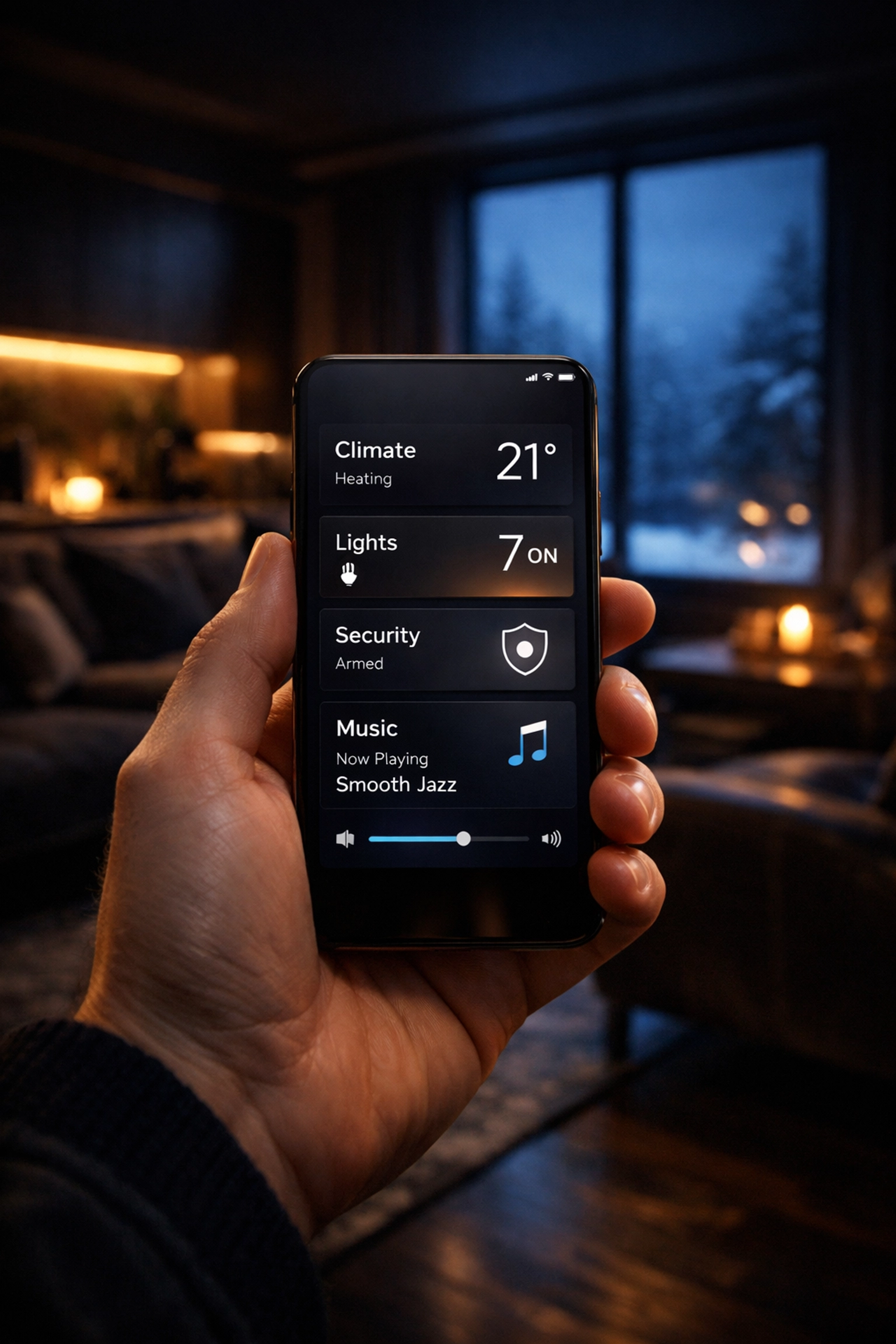 Homeowner using a smartphone app to control a modern home security and automation system from their living room.