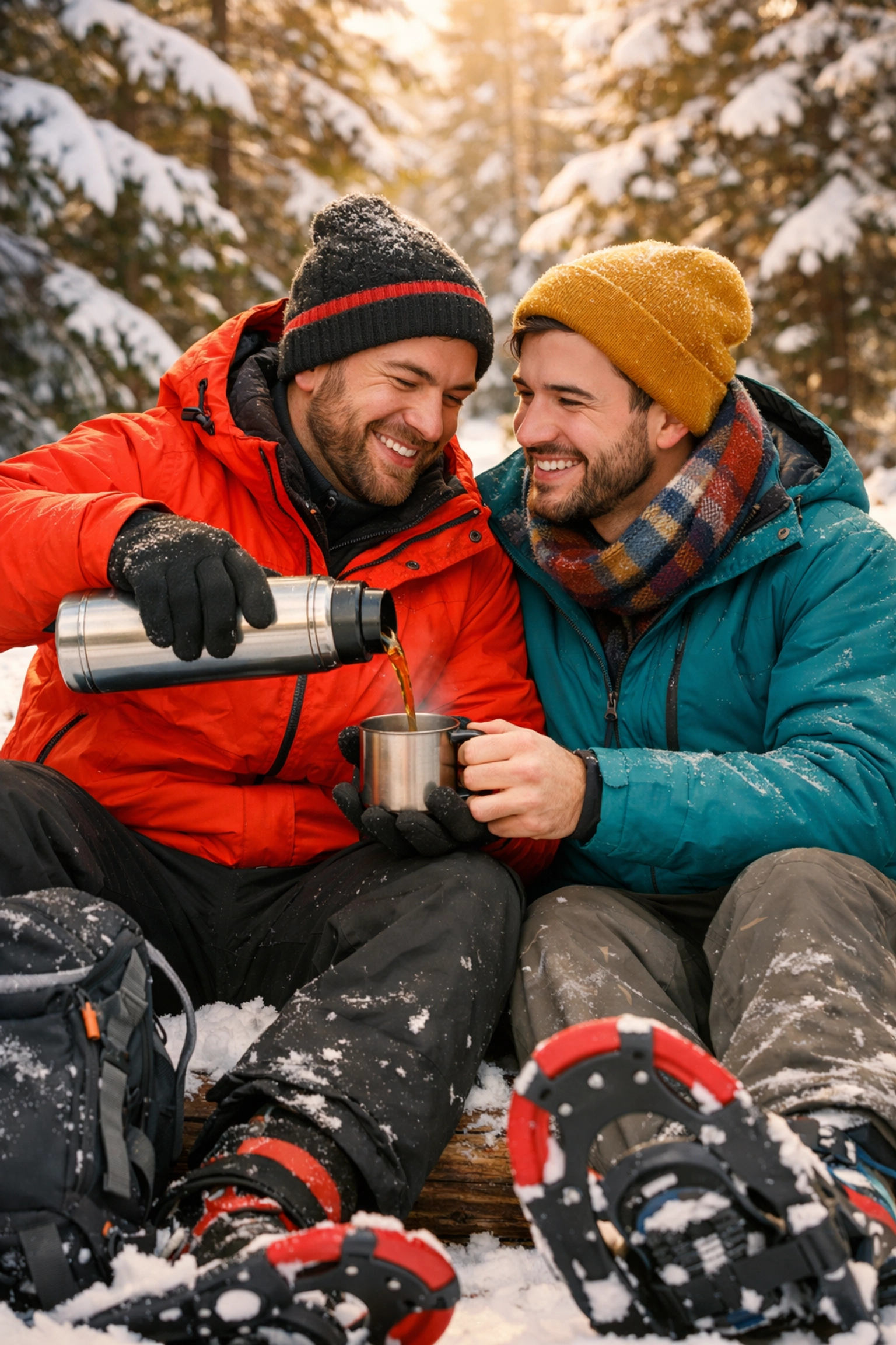 Two men sharing coffee break during winter snowshoeing adventure