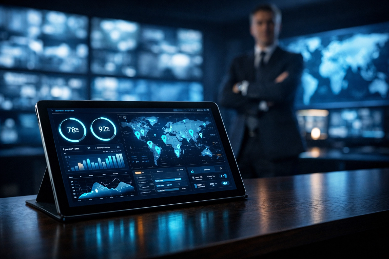 A tablet displaying a security company KPI dashboard with financial metrics