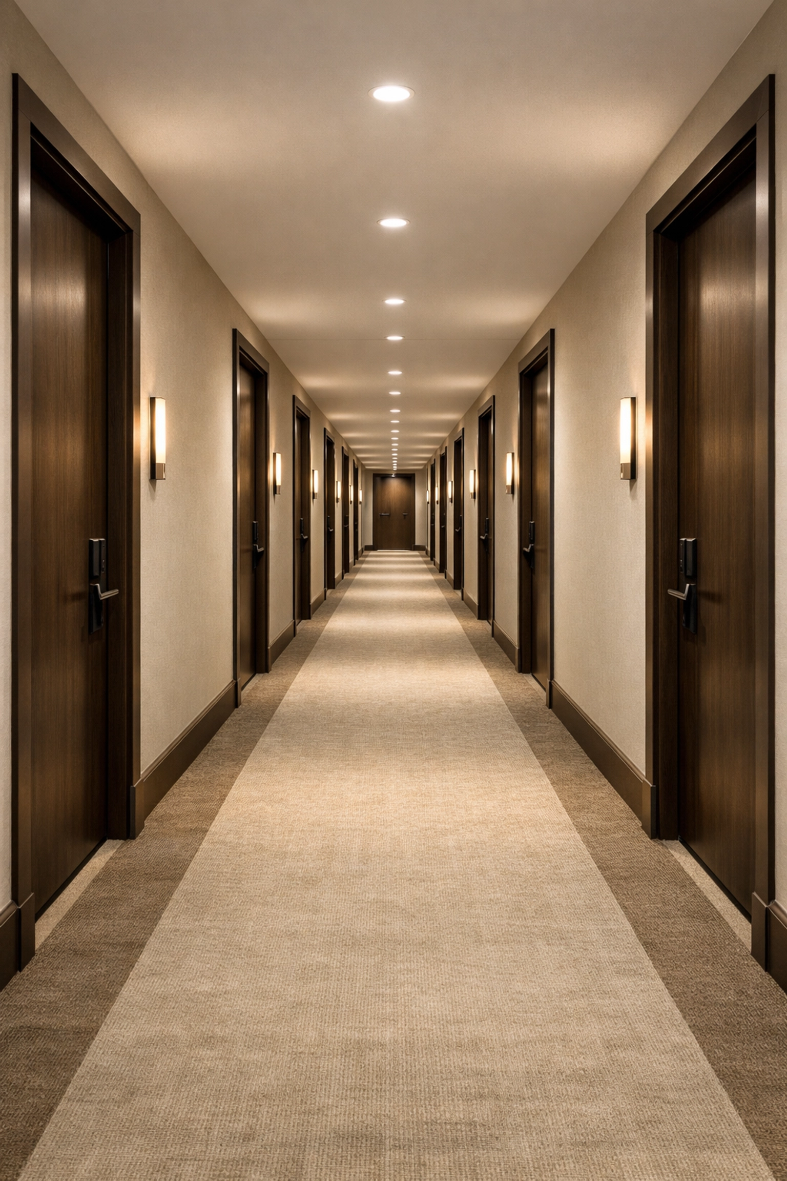 Professionally cleaned multifamily apartment hallway in Indianapolis with clean carpets and modern lighting.