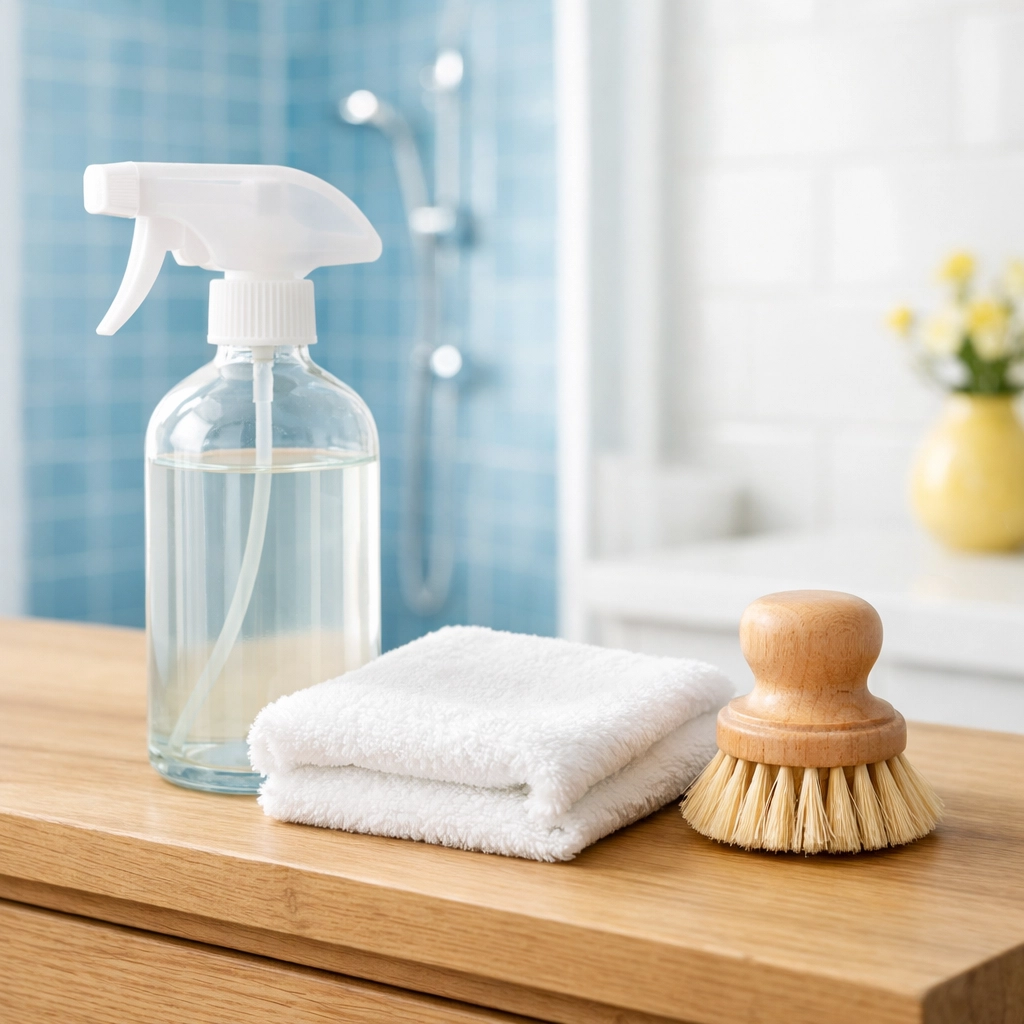 Eco-friendly products used for luxury house cleaning Groton in a modern bathroom.